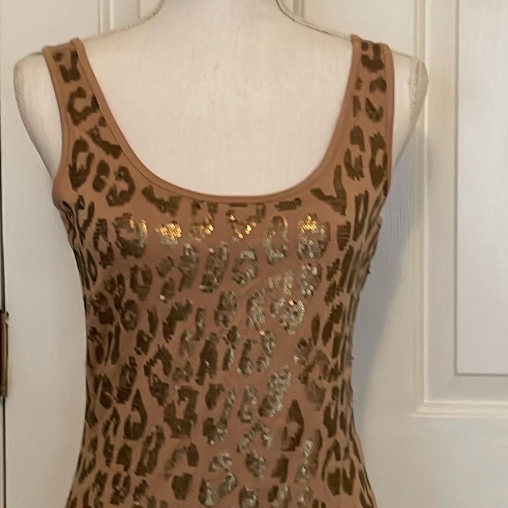 Caché Champagne Vintage Animal Print Top w/ Sequin Front